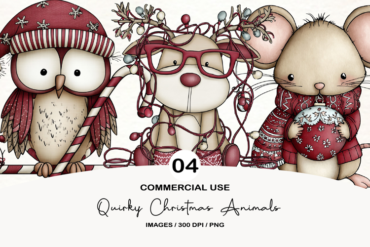 Watercolor Quirky Christmas Animals Clipart