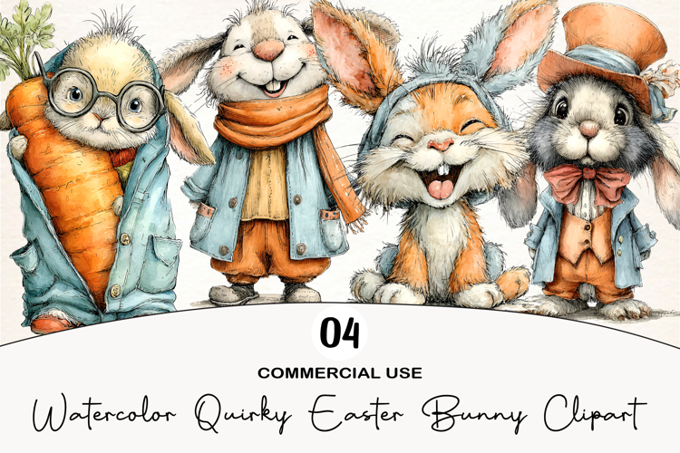 Watercolor Quirky Easter Bunny Clipart