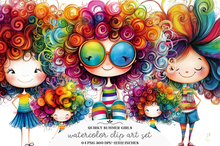 Watercolor quirky summer girl clipart - quirky summer girls