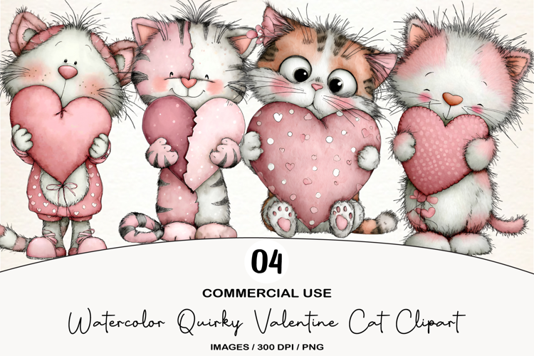 Watercolor Quirky Valentine Cat Clipart