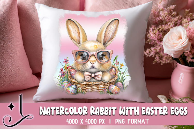 Watercolor Rabbit with Easter Eggs - Easter Sublimation