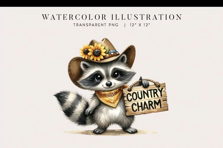 Watercolor Raccoon Country Charm Clipart