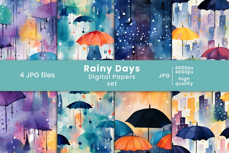 watercolor rain digital papers and umbrella patterns