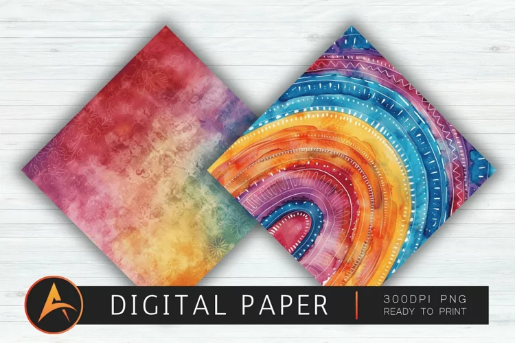 Watercolor Rainbow Boho Scrapbook Paper
