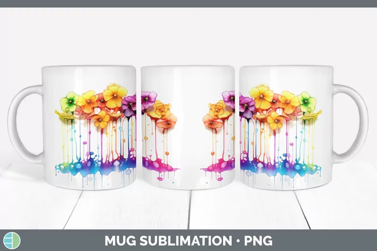 Watercolor Rainbow Buttercup Mug Wrap | Sublimation Coffee C