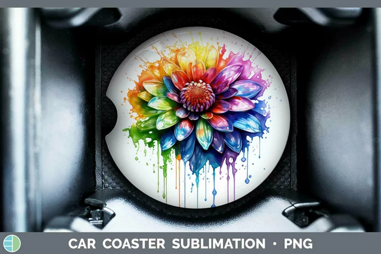 Watercolor Rainbow Chrysanthemum Car Coaster | Sublimation C