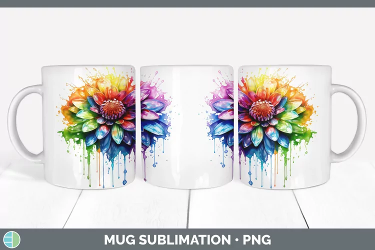 Watercolor Rainbow Chrysanthemum Mug Wrap | Sublimation Coff