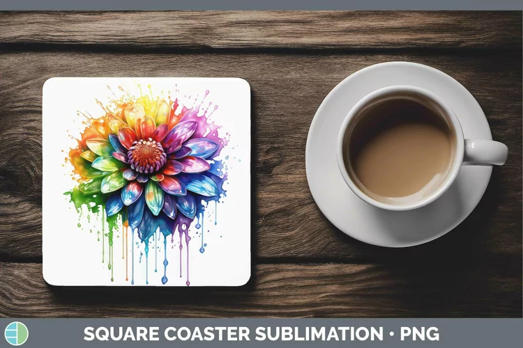 Watercolor Rainbow Chrysanthemum Square Coaster | Sublimatio
