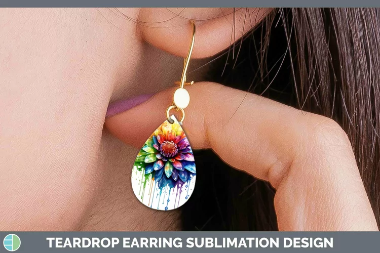 Watercolor Rainbow Chrysanthemum Teardrop Earrings | Sublima