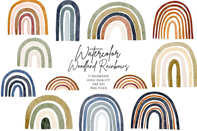 Watercolor Rainbow Clipart Bundle, 12 Boho Rainbow Png Files in neutral earth tones