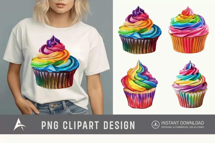 Watercolor Rainbow Cupcake Clipart
