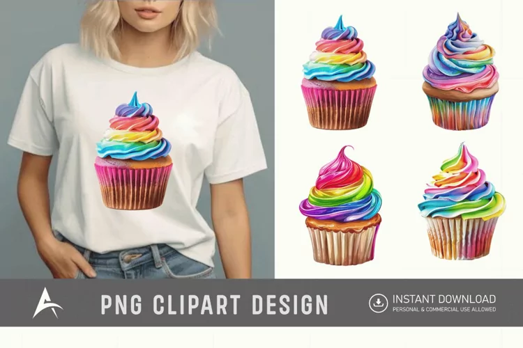 Watercolor Rainbow Cupcake Clipart