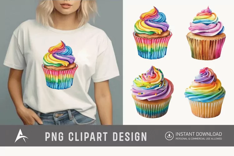 Watercolor Rainbow Cupcake Clipart