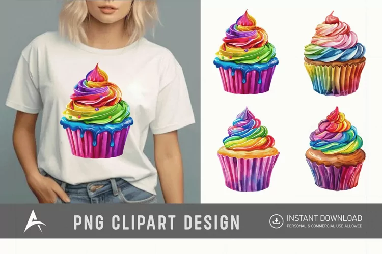 Watercolor Rainbow Cupcake Clipart