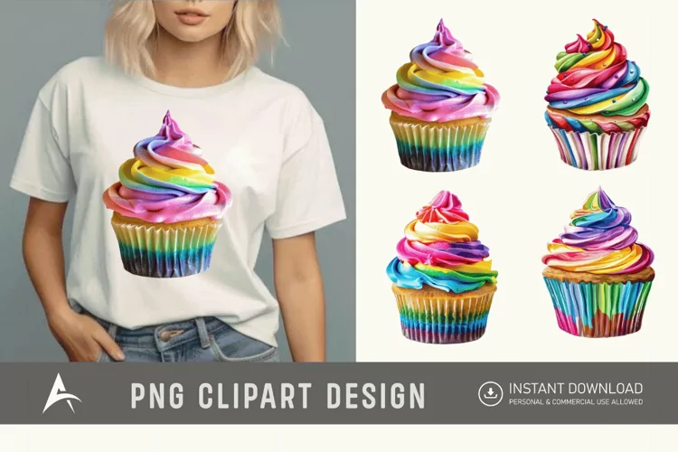 Watercolor Rainbow Cupcake Clipart