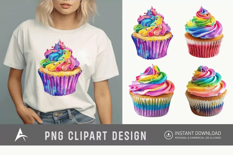 Watercolor Rainbow Cupcake Clipart