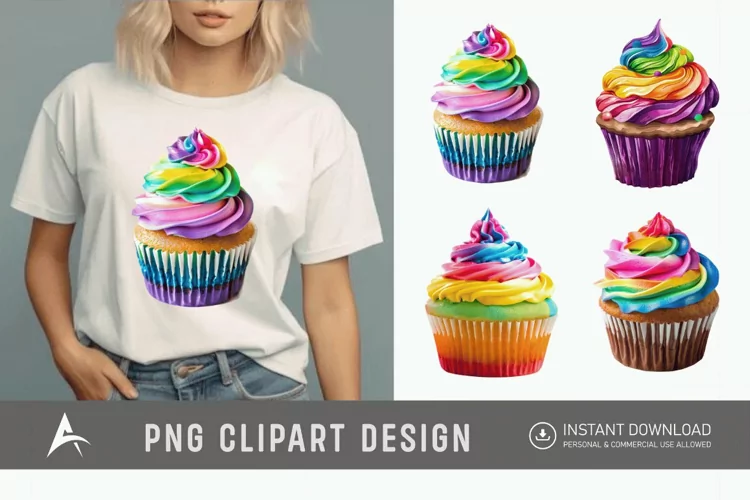Watercolor Rainbow Cupcake Clipart
