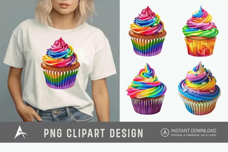 Watercolor Rainbow Cupcake Clipart
