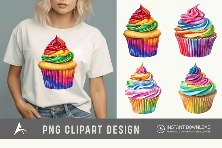 Watercolor Rainbow Cupcake Clipart