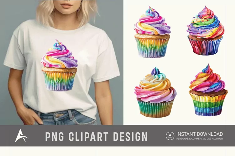 Watercolor Rainbow Cupcake Clipart