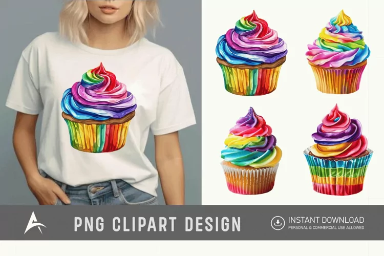 Watercolor Rainbow Cupcake Clipart