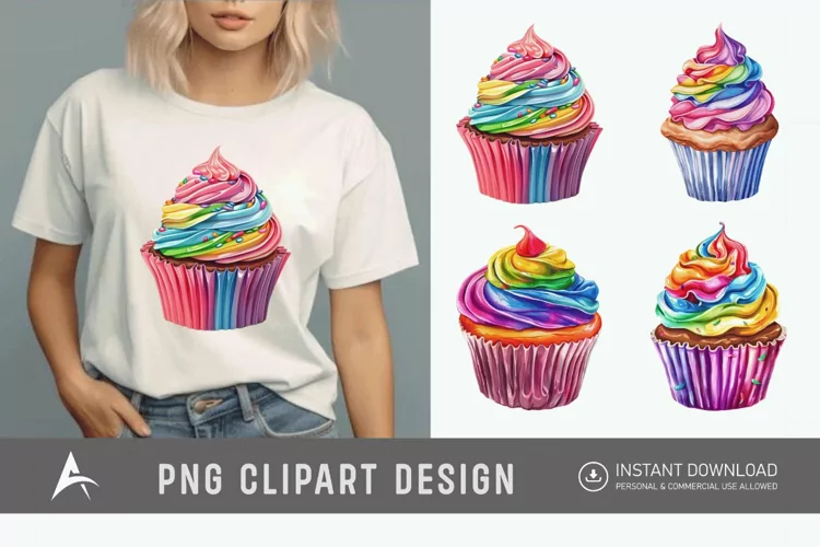 Watercolor Rainbow Cupcake Clipart