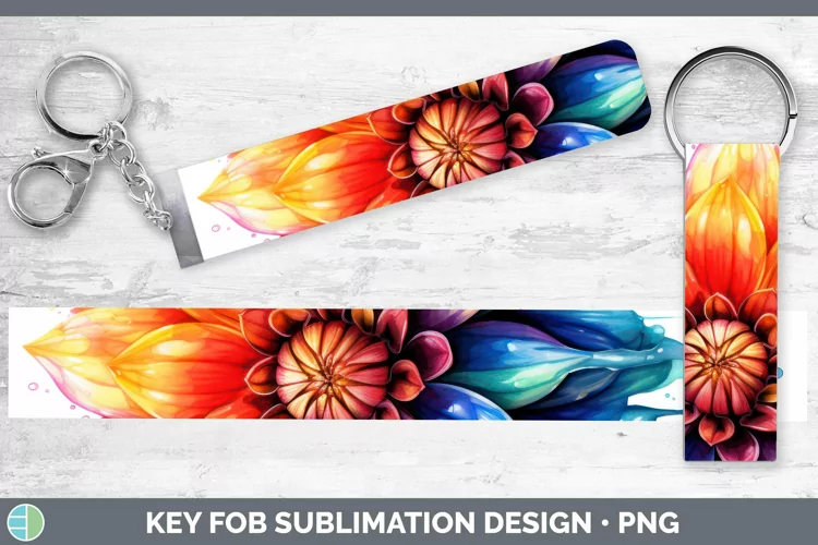 Watercolor Rainbow Dahlia Key Fob | Sublimation Wristlet Des