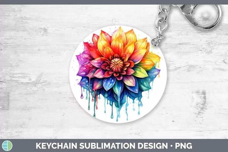 Watercolor Rainbow Dahlia Keychain | Sublimation Keyring Des