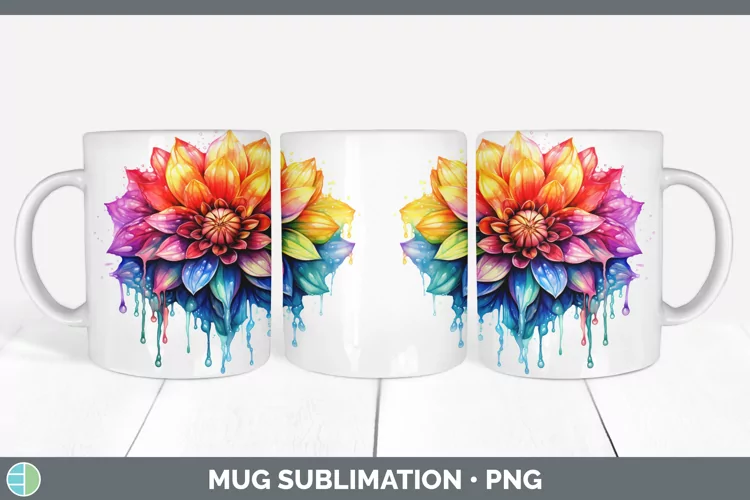 Watercolor Rainbow Dahlia Mug Wrap | Sublimation Coffee Cup