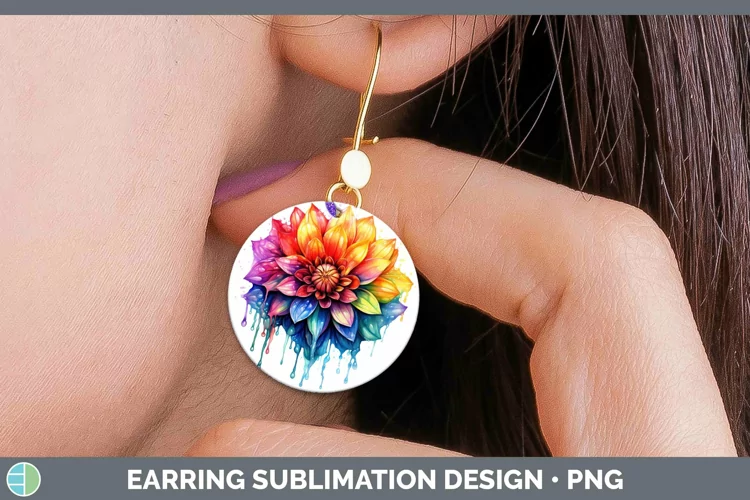 Watercolor Rainbow Dahlia Round Earrings | Sublimation Earri
