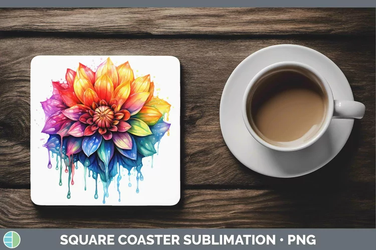 Watercolor Rainbow Dahlia Square Coaster | Sublimation Coast