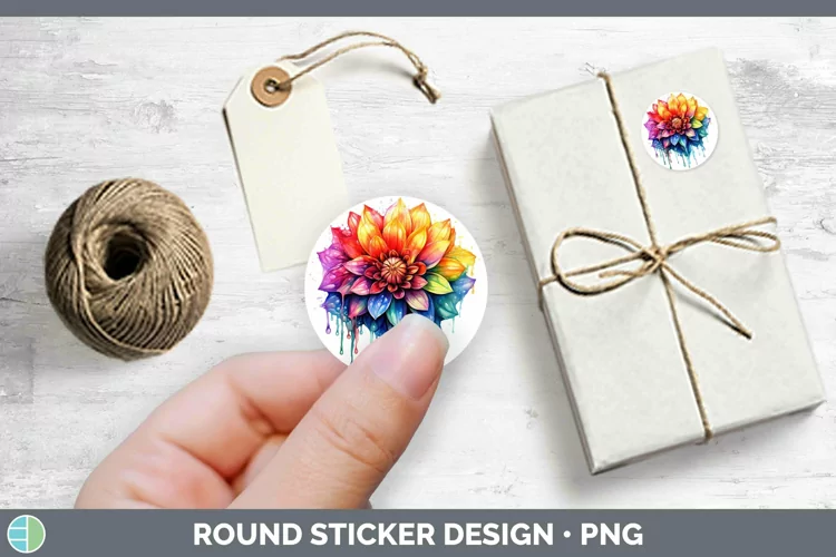 Watercolor Rainbow Dahlia Stickers | Round Labels Designs