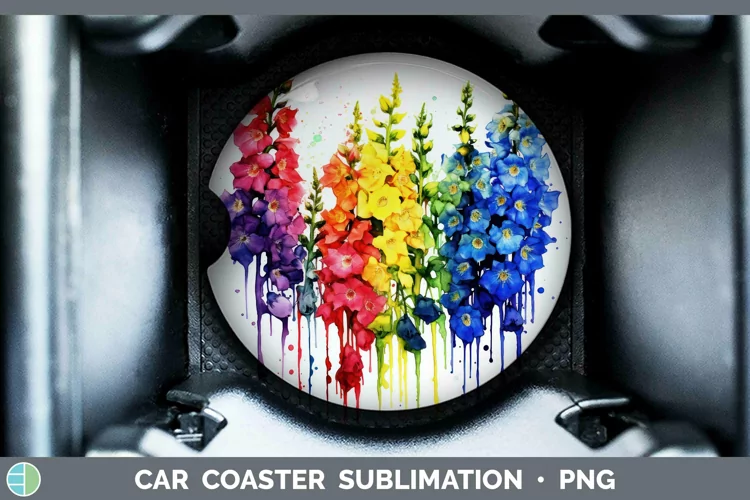 Watercolor Rainbow Delphinium Car Coaster | Sublimation Coas