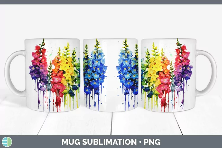 Watercolor Rainbow Delphinium Mug Wrap | Sublimation Coffee