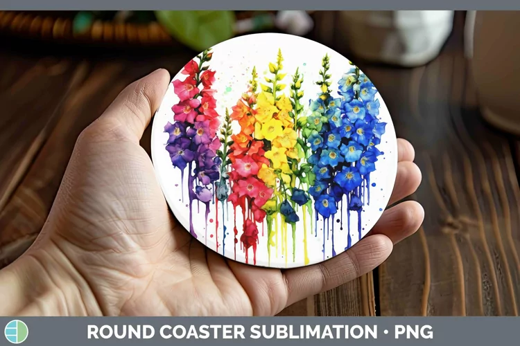 Watercolor Rainbow Delphinium Round Coaster | Sublimation Co