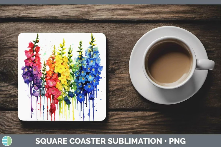 Watercolor Rainbow Delphinium Square Coaster | Sublimation C