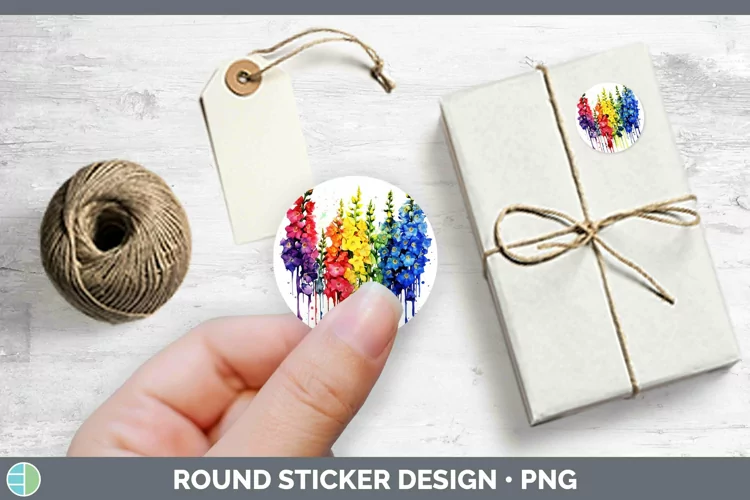 Watercolor Rainbow Delphinium Stickers | Round Labels Design