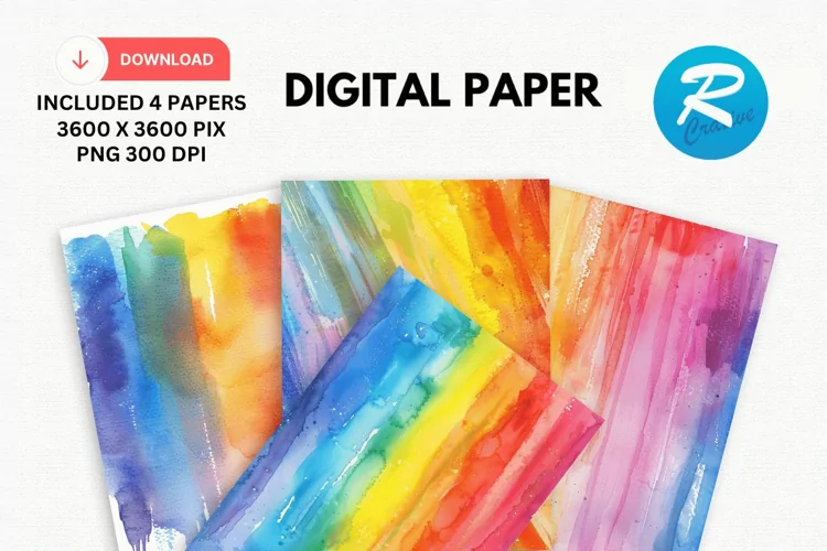 Watercolor Rainbow Digital Paper, Rainbow Background
