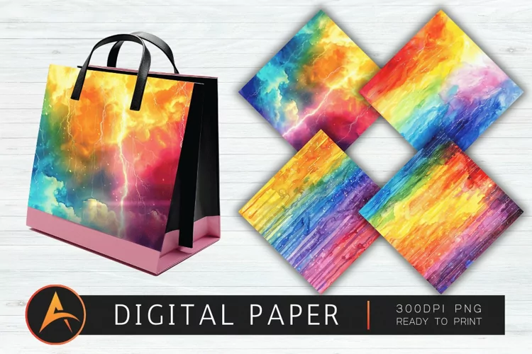 Watercolor Rainbow Electric Rain Digital Paper