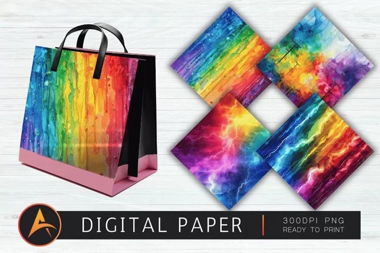 Watercolor Rainbow Electric Rain Digital Paper