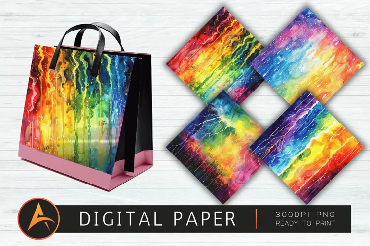 Watercolor Rainbow Electric Rain Digital Paper