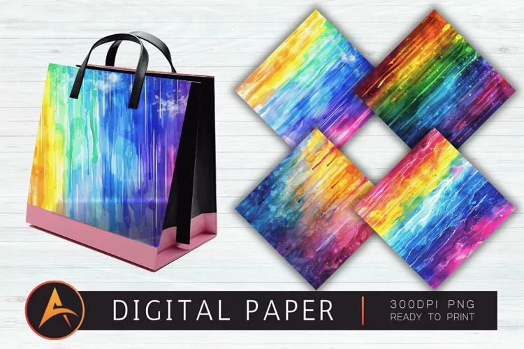 Watercolor Rainbow Electric Rain Digital Paper