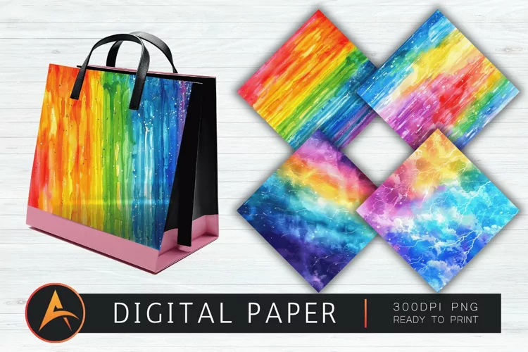 Watercolor Rainbow Electric Rain Digital Paper