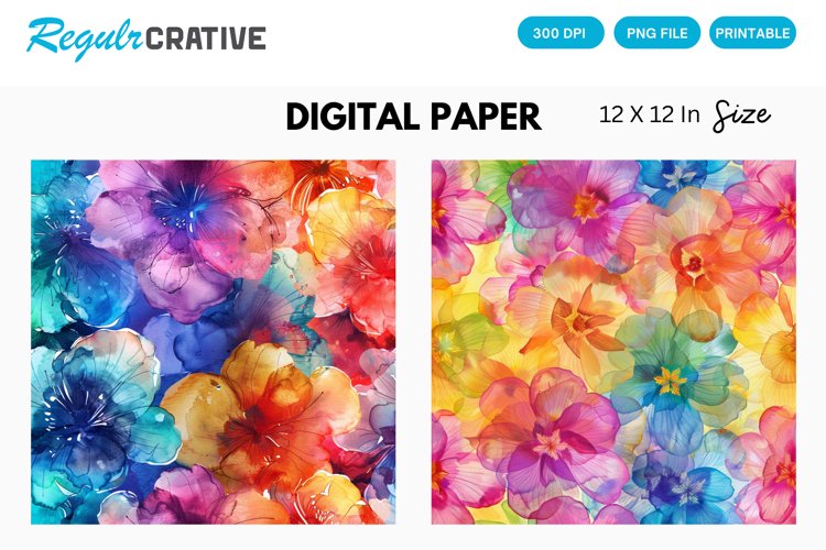 Watercolor Rainbow Flower Digital Paper, Flower Background
