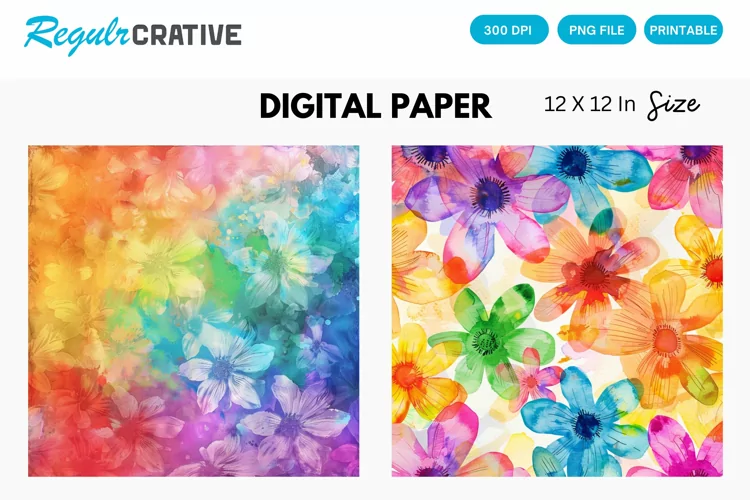 Watercolor Rainbow Flower Digital Paper, Flower Background