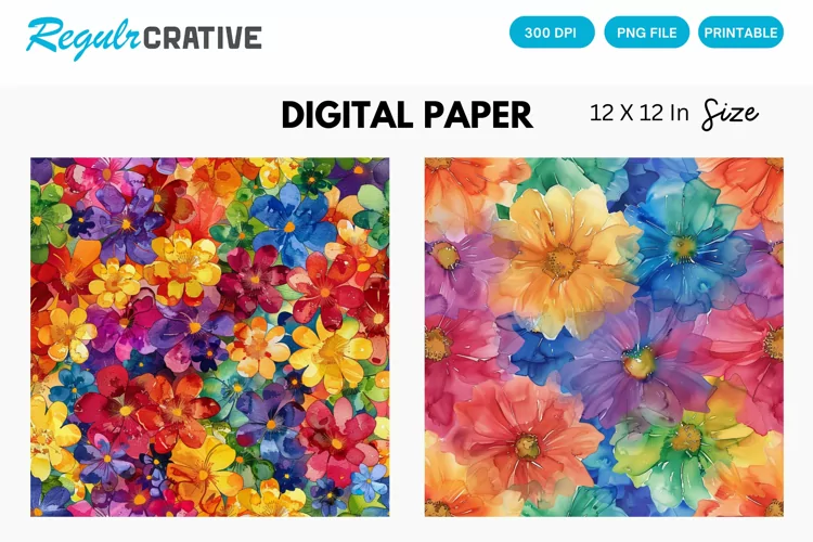 Watercolor Rainbow Flower Digital Paper, Flower Background
