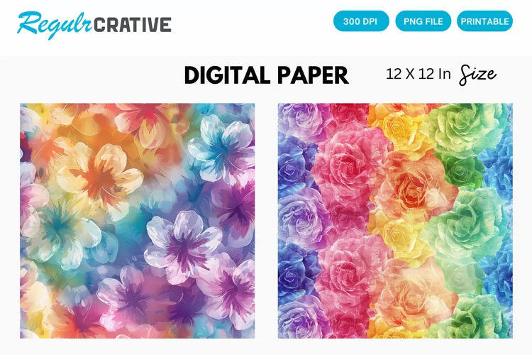 Watercolor Rainbow Flower Digital Paper, Flower Background