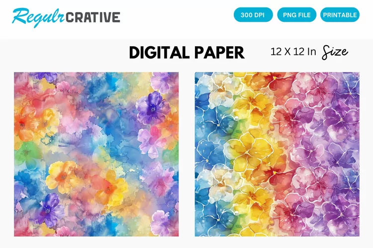 Watercolor Rainbow Flower Digital Paper, Flower Background