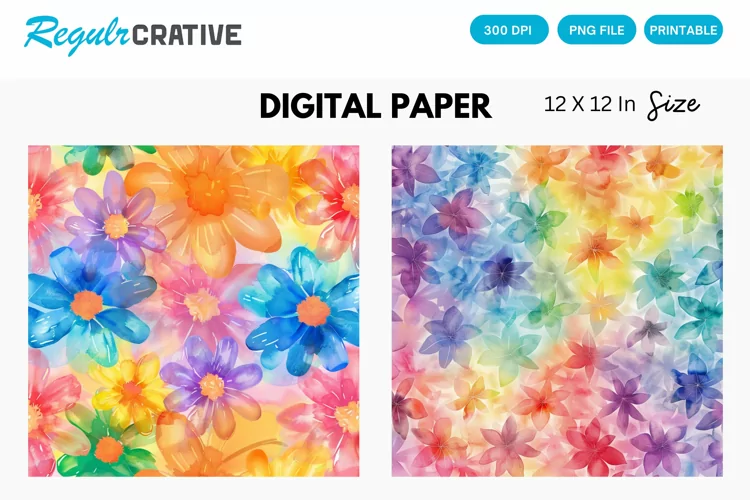 Watercolor Rainbow Flower Digital Paper, Flower Background