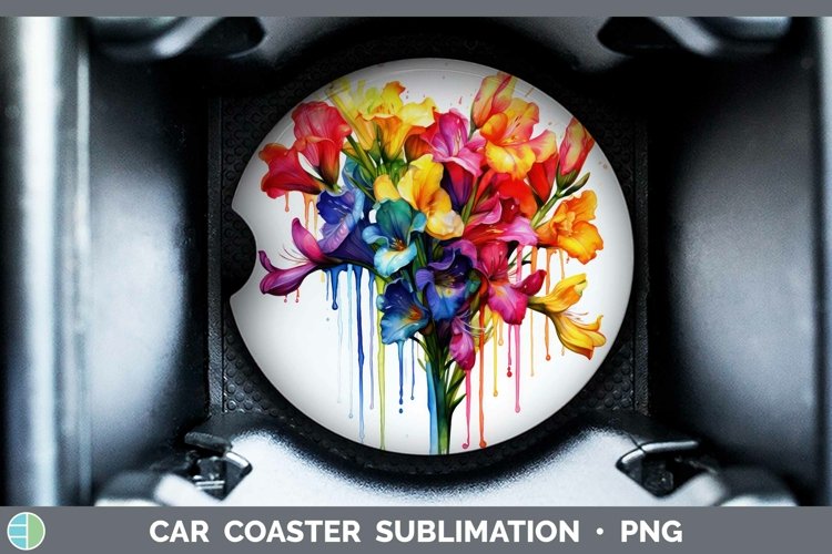 Watercolor Rainbow Freesia Car Coaster | Sublimation Coaster